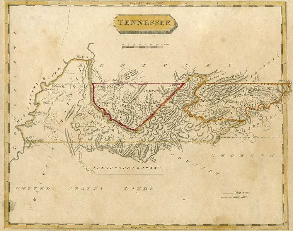 Metro (outlined in red) and Washington (outlined in gold) districts of early Tennessee