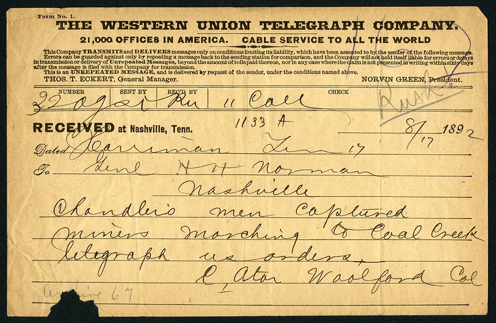 Telegram regarding Coal Creek rebellion