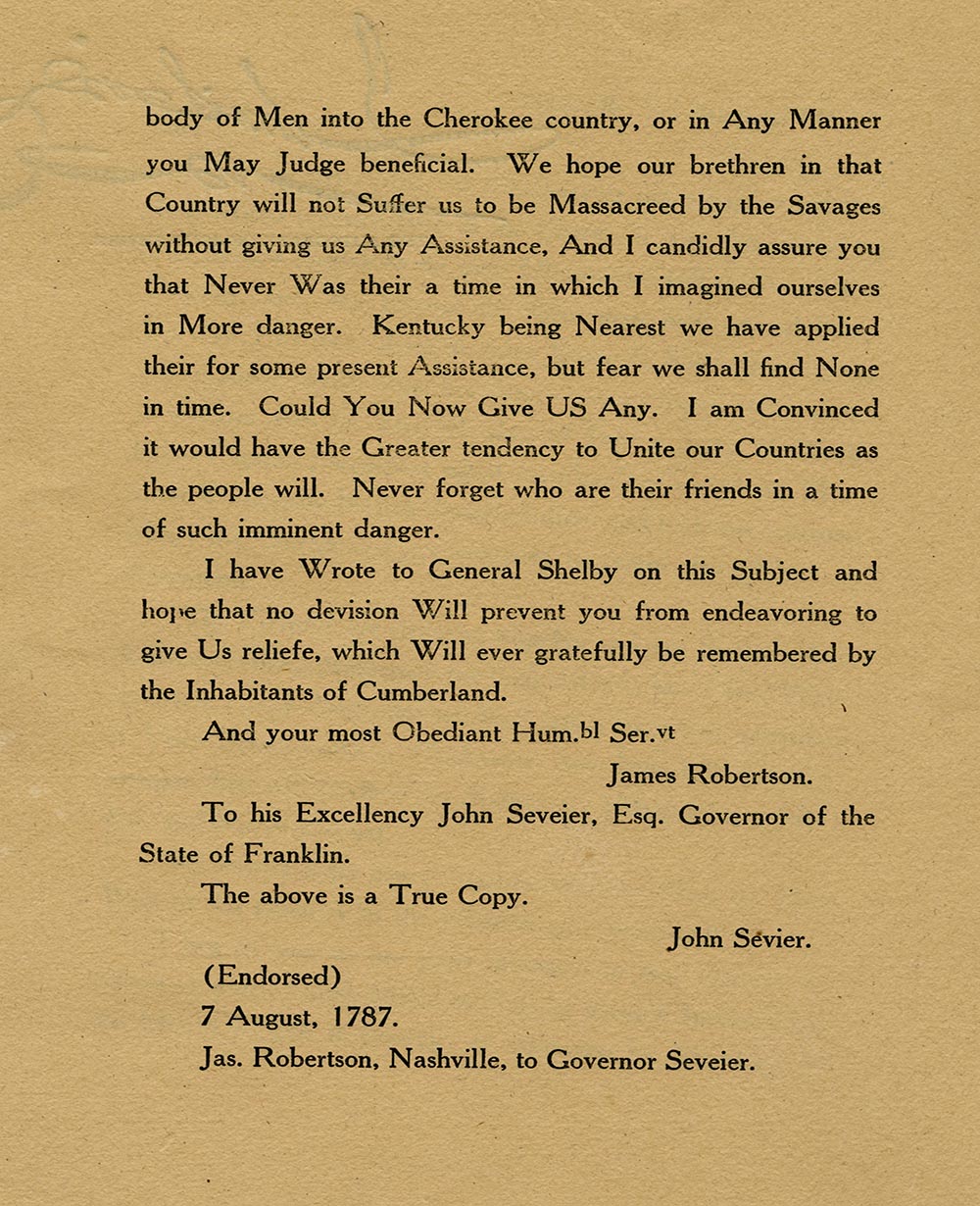 James Robertson letter to Governor John Sevier of State of Franklin