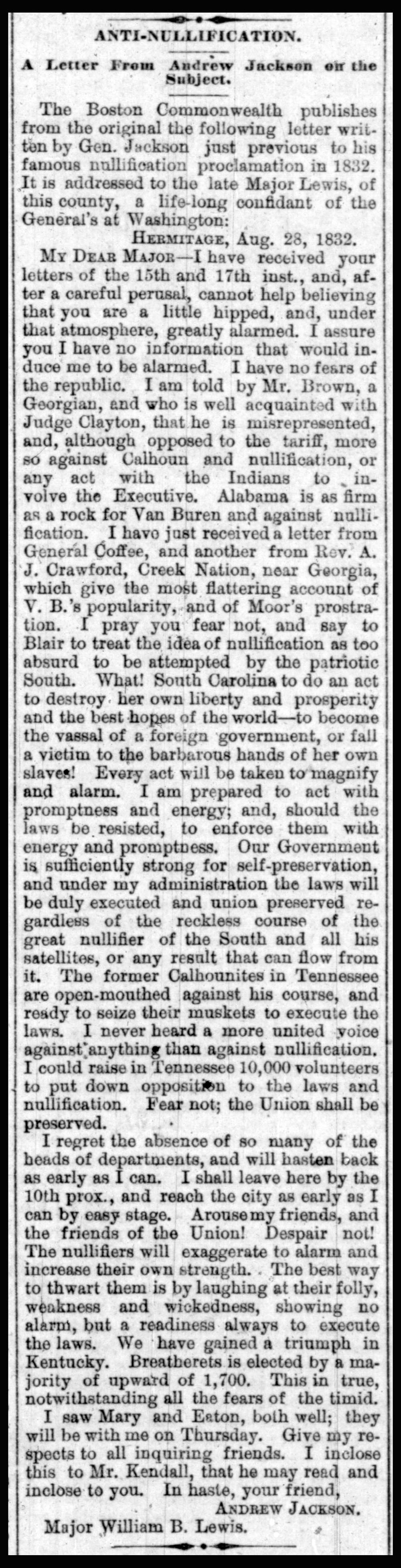 Anti-nullification letter by Andrew Jackson written in opposition to South Carolina’s threat of secession