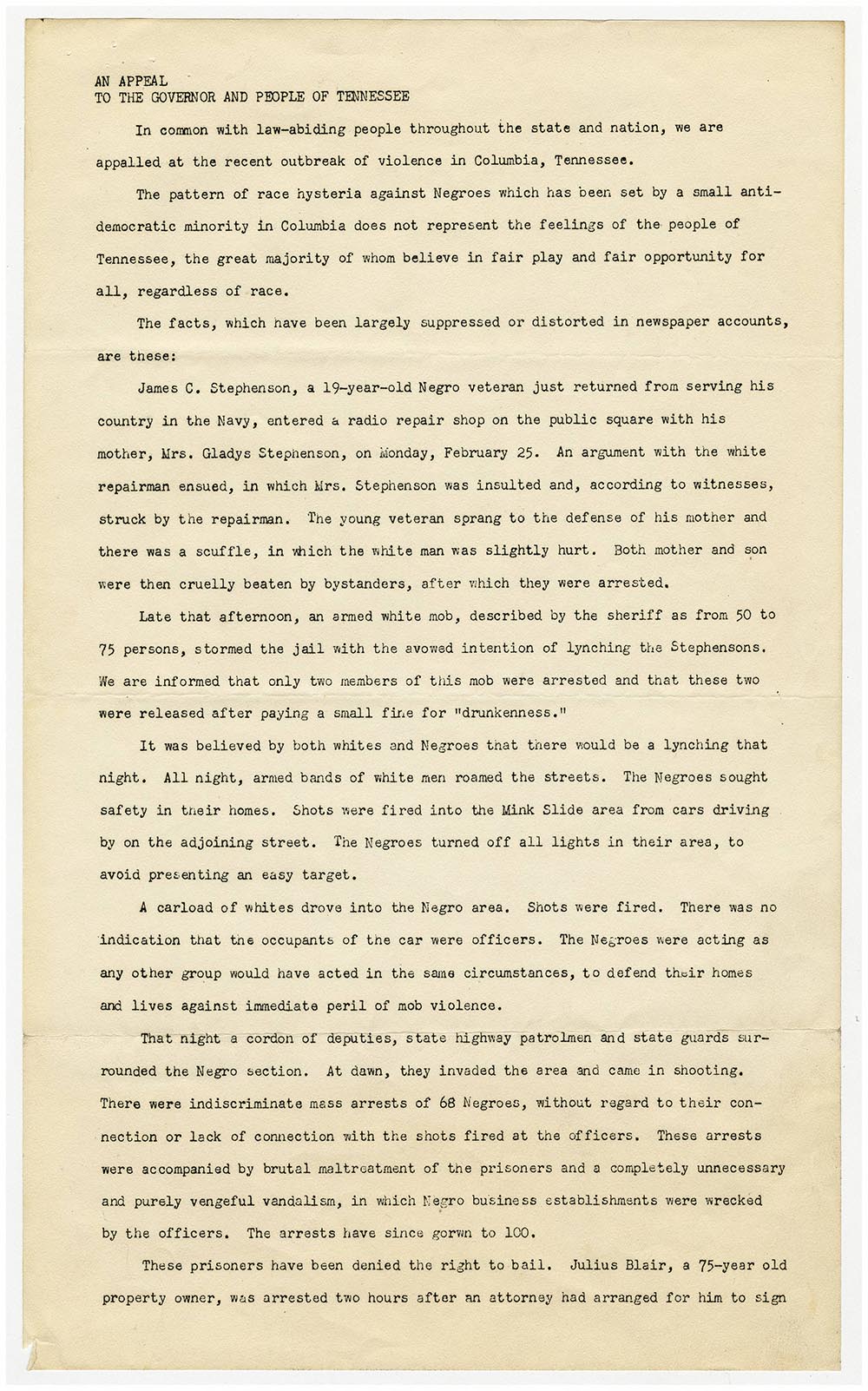 An appeal to the Governor and people of Tennessee for the fair treatment of African Americans involved in the Columbia Race Riot