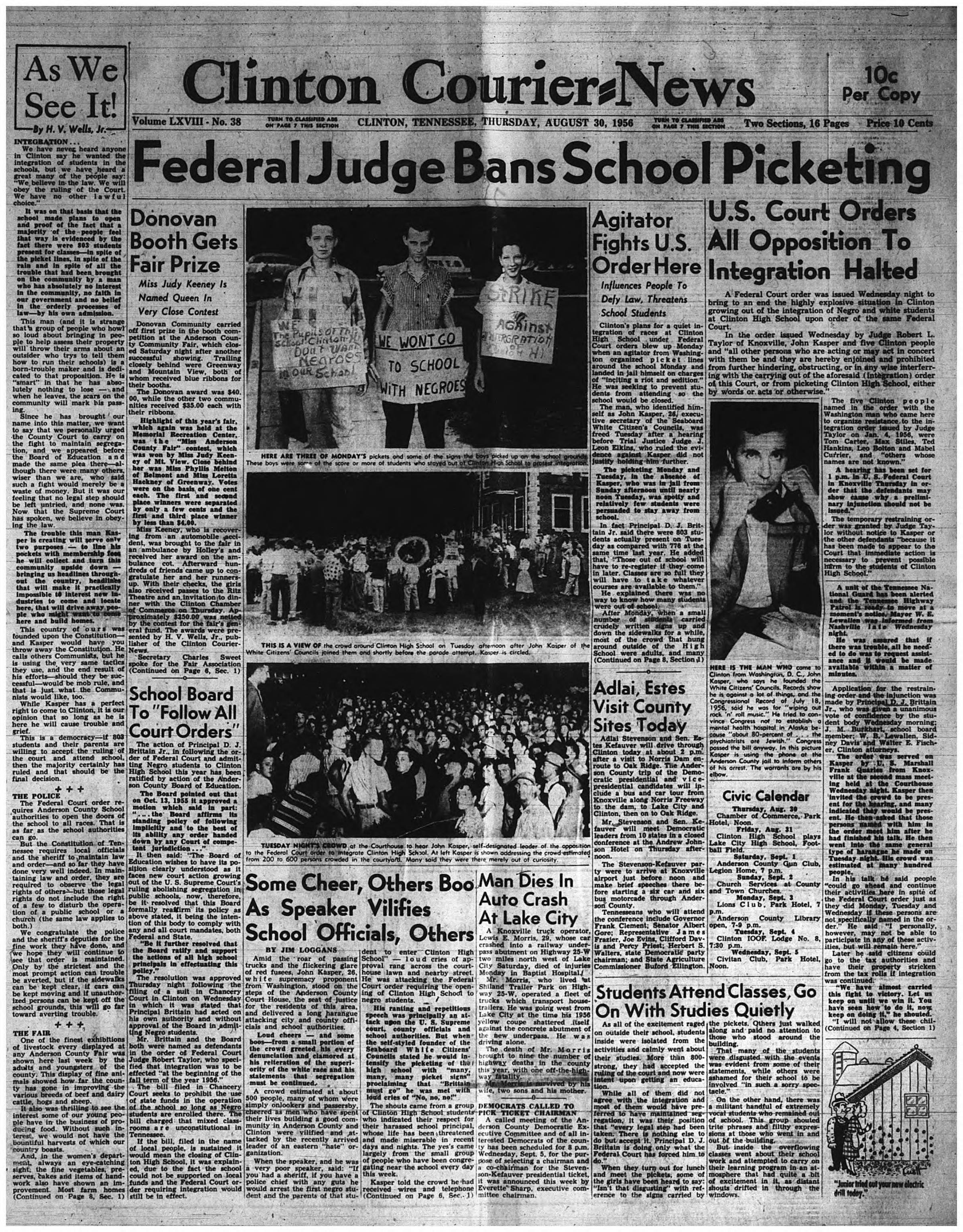 Newspaper coverage of John Kasper’s speech during the effort to integrate Clinton High School