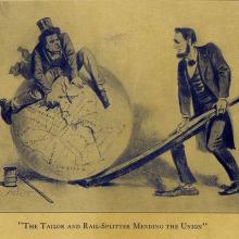 Political cartoon depicting Andrew Johnson (left) and Abraham Lincoln (right)